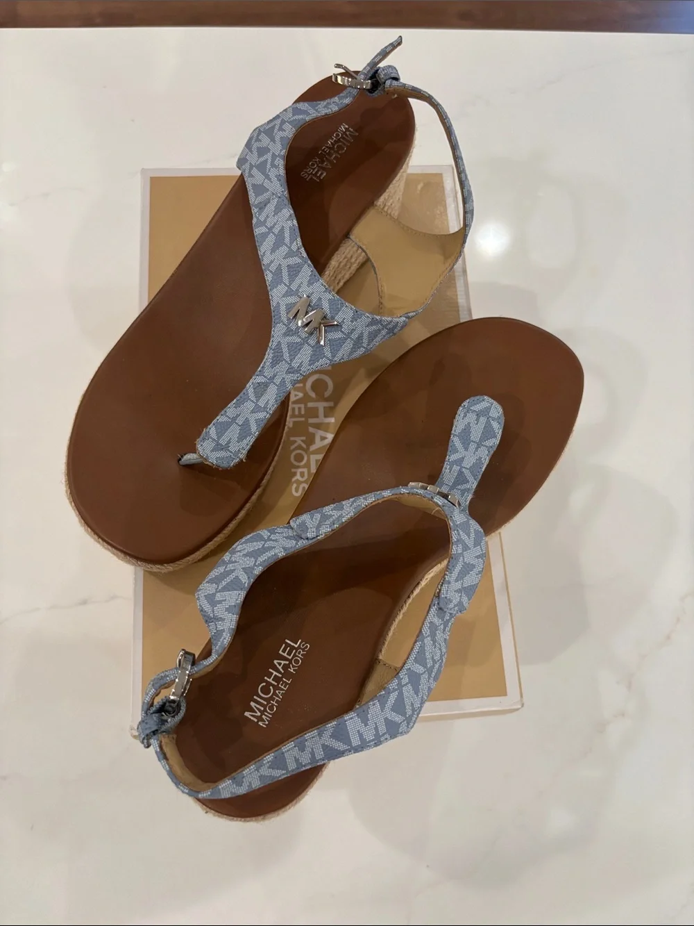 Michael Kors Light Blue Logo Thong Sandals with MK Accent